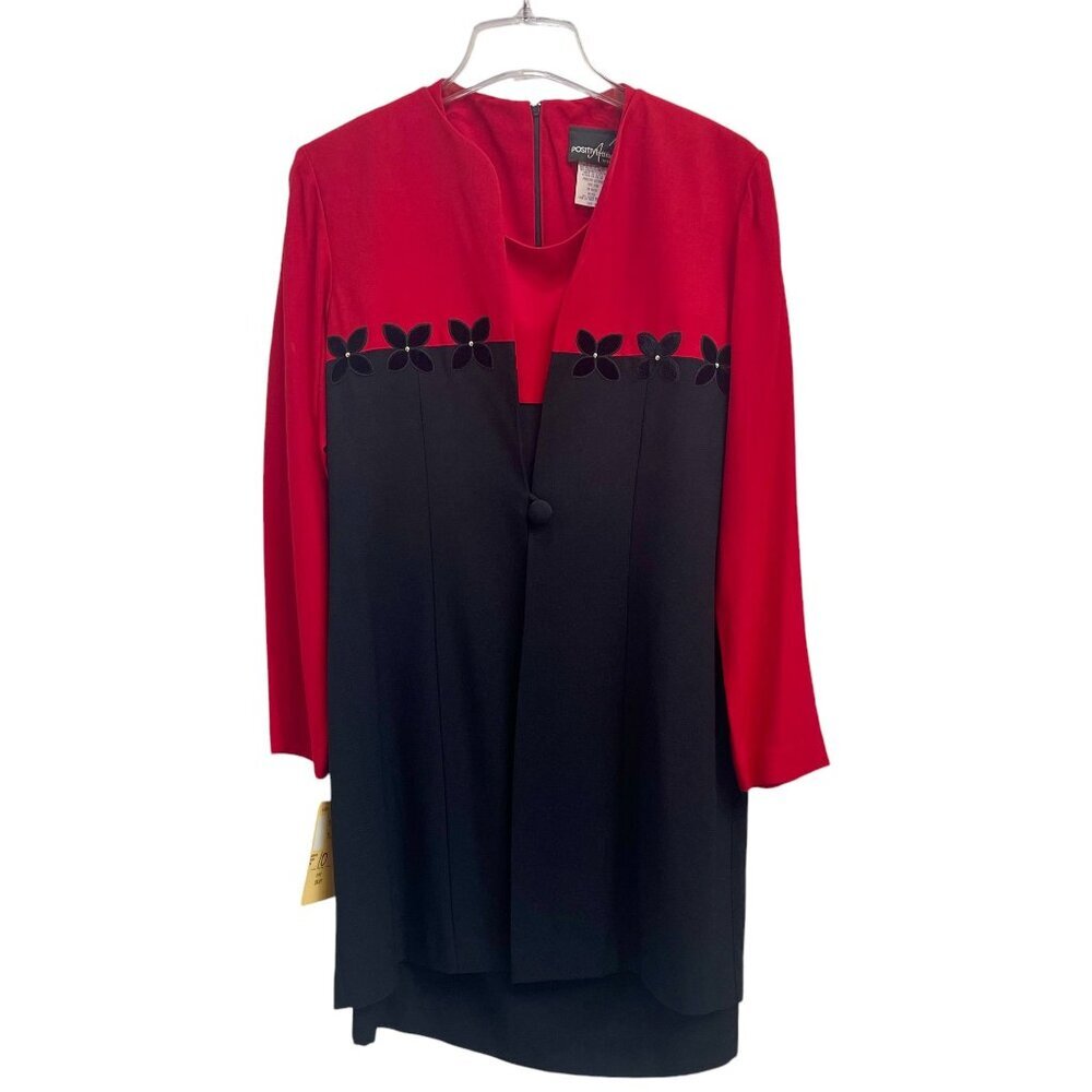 NWT Positive Attitude Petite Red and Black Color Block Two-Piece Dress and Coat